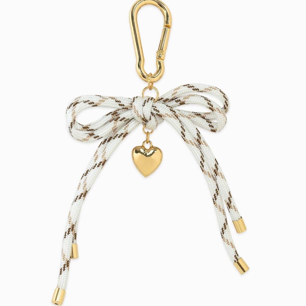 Rope Bow Bag Charm with Puff Heart | White